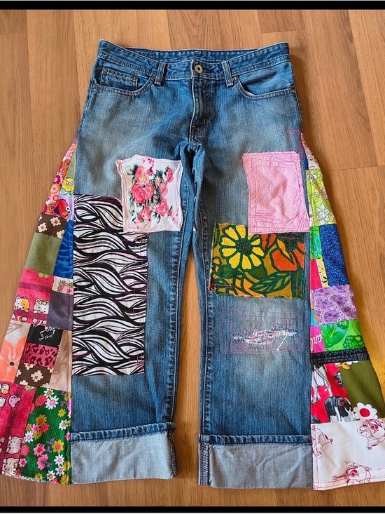 Handmade Denim - Multicolor Patchwork Wide-Leg Jeans with Pink Accents